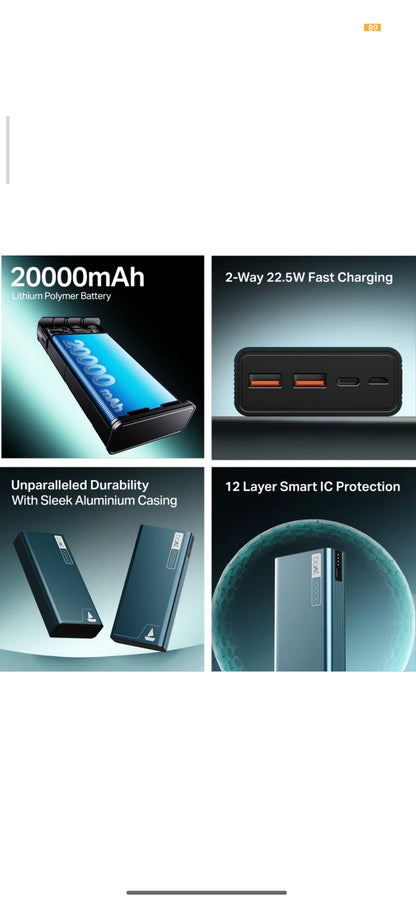 boAt 20000 mAh 22.5W Power Bank (Steel Blue, Lithium Polymer, Fast Charging, Quick Charge 3.0, Power Delivery 3.0 for Mobile & Tablet)
